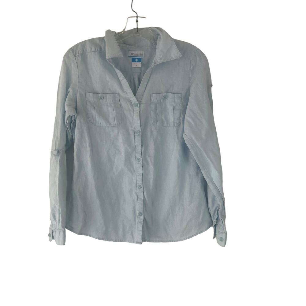 Columbia Women Size Small Baby Light‎ Blue Linen Blend Long Sleeve Top